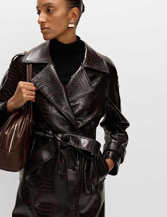 Croc Faux Leather Belted Longline Trench Coat