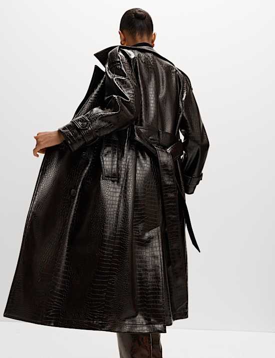 Croc Faux Leather Belted Longline Trench Coat