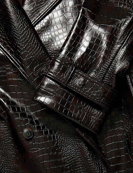 Croc Faux Leather Belted Longline Trench Coat