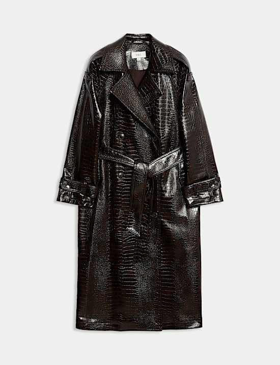 Croc Faux Leather Belted Longline Trench Coat