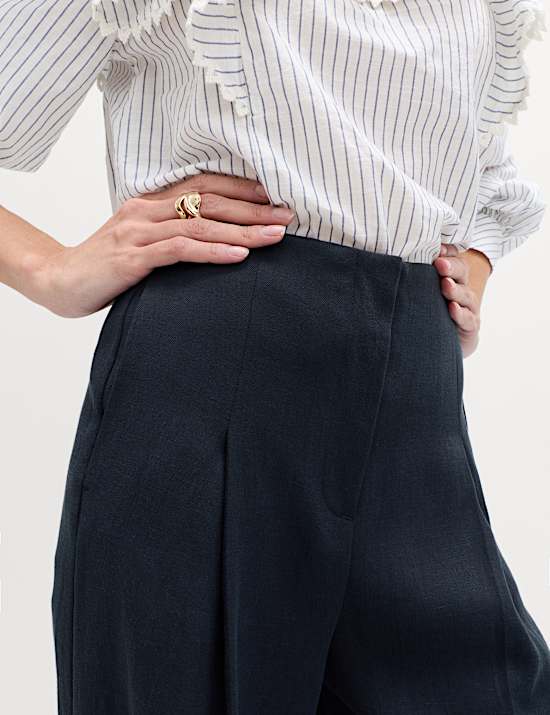 Single Pleat Wide Leg Trousers with Linen