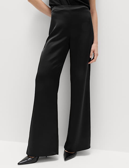 Satin Pull On Flared Trousers