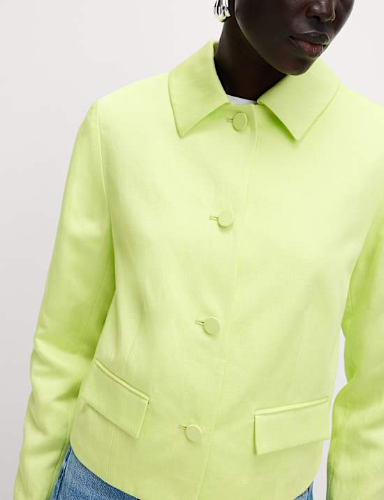 Linen Blend Sheen Single Breasted Cropped Jacket