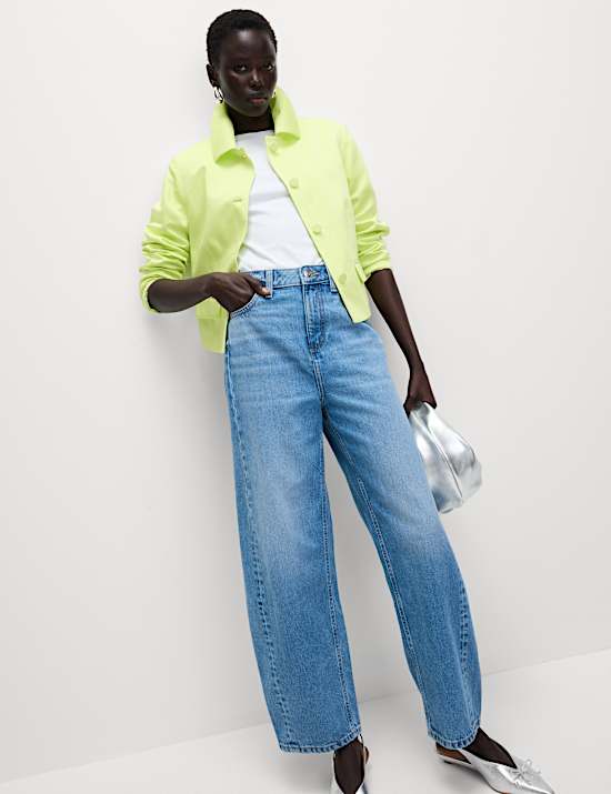 Linen Blend Sheen Single Breasted Cropped Jacket