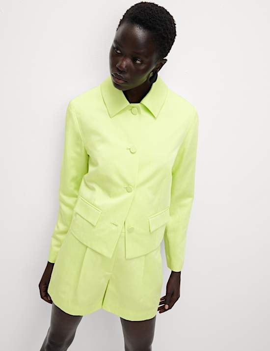 Linen Blend Sheen Single Breasted Cropped Jacket