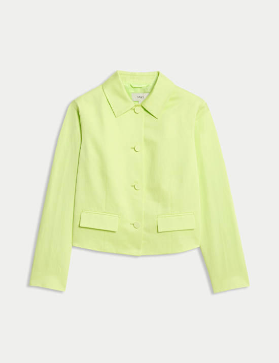 Linen Blend Sheen Single Breasted Cropped Jacket