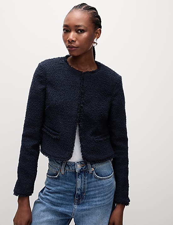 Veste courte sans col en tweed avec de la laine