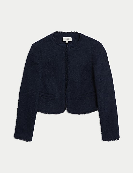 Veste courte sans col en tweed avec de la laine