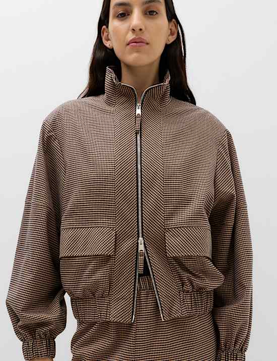 Checked Funnel Neck Jacket