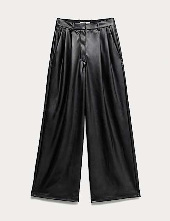 Pantalon coupe large en similicuir à double pli