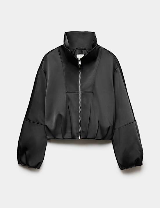 Satin Funnel Neck Cropped Bomber Jacket