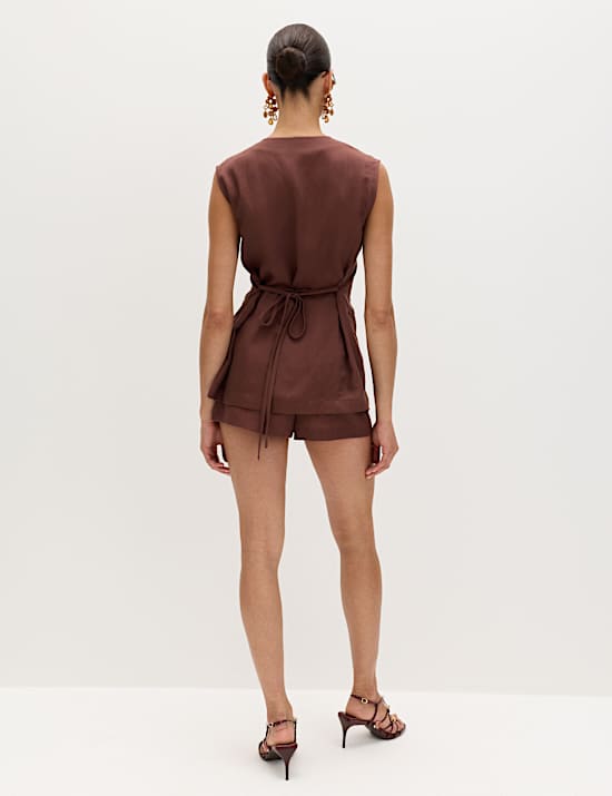 Belted Utility Longline Waistcoat with Linen