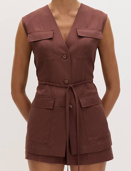 Belted Utility Longline Waistcoat with Linen