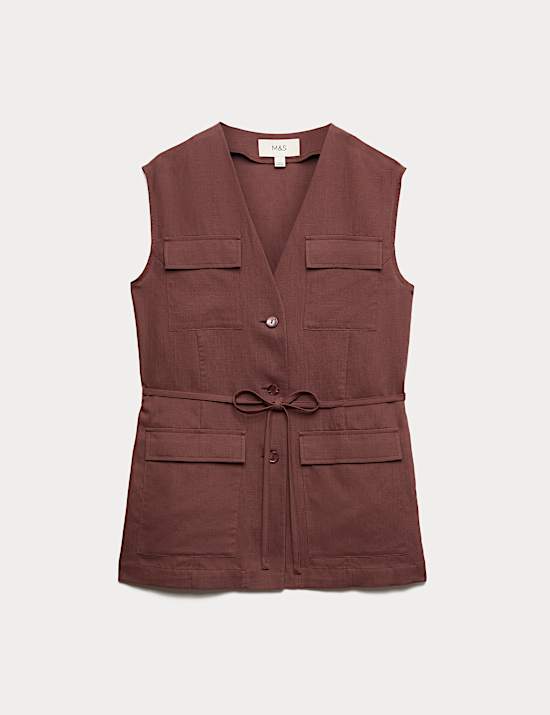 Belted Utility Longline Waistcoat with Linen