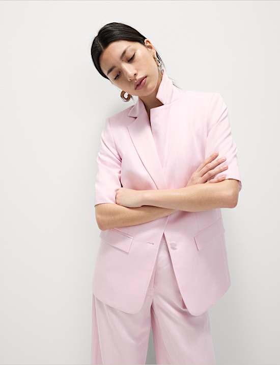 Linen Blend Short Sleeve Single Breasted Blazer