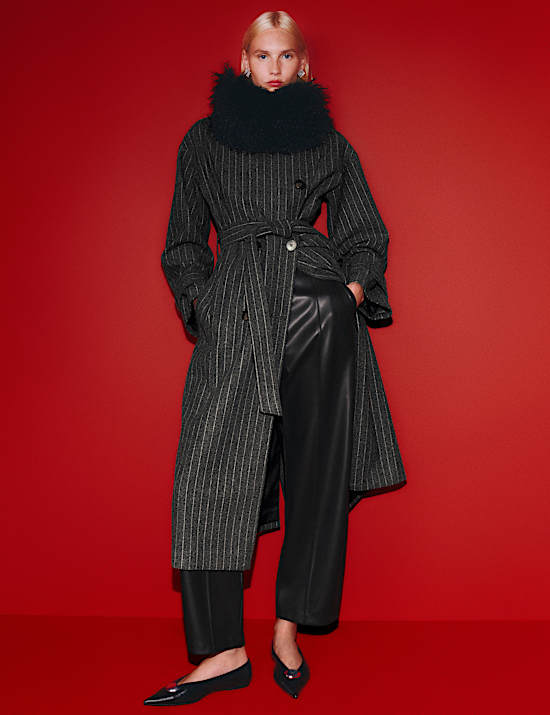 Pinstriped Funnel Neck Belted Asymmetric Trench Coat With Wool