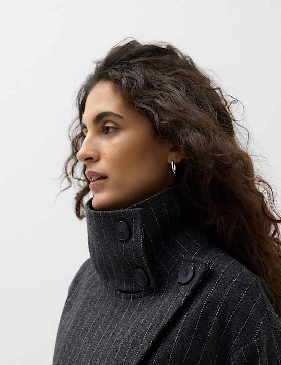 Pinstriped Funnel Neck Belted Asymmetric Trench Coat With Wool