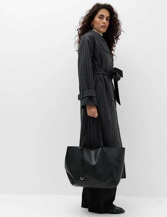 Pinstriped Funnel Neck Belted Asymmetric Trench Coat With Wool