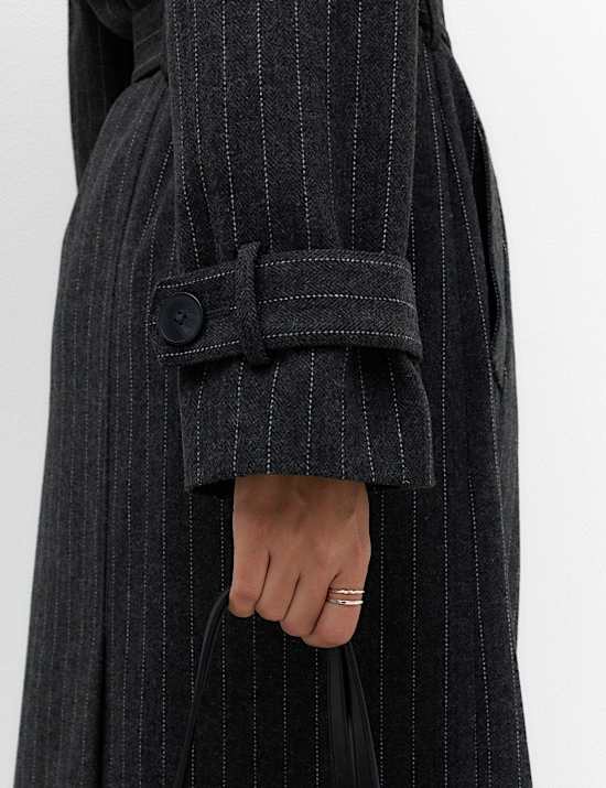 Pinstriped Funnel Neck Belted Asymmetric Trench Coat With Wool
