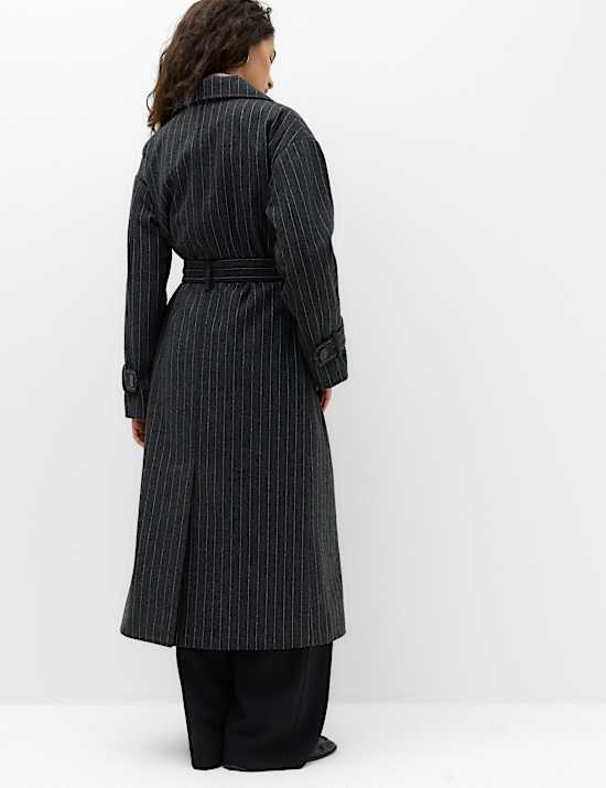 Pinstriped Funnel Neck Belted Asymmetric Trench Coat With Wool