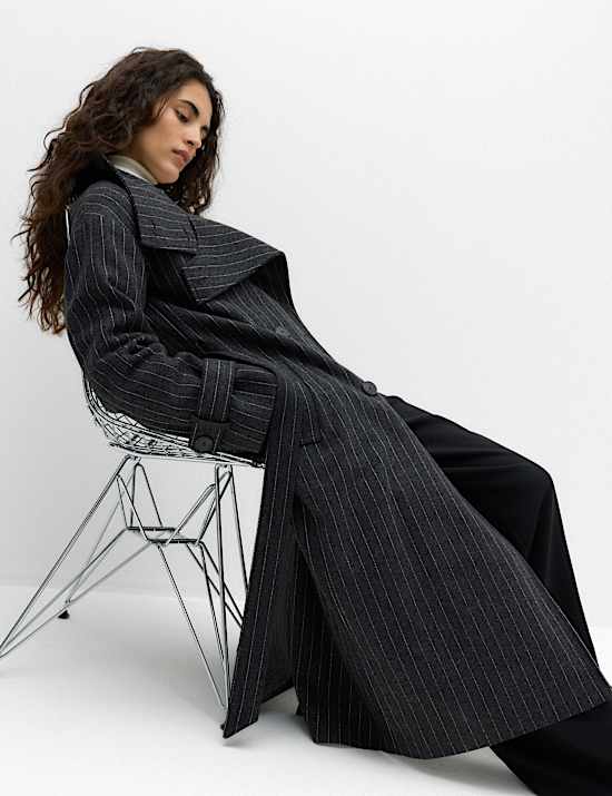 Pinstriped Funnel Neck Belted Asymmetric Trench Coat With Wool