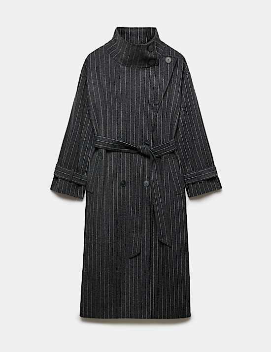 Pinstriped Funnel Neck Belted Asymmetric Trench Coat With Wool