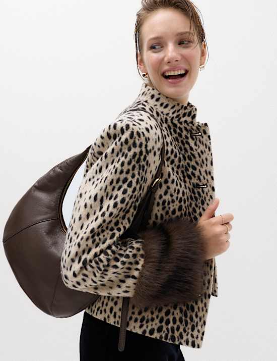 Animal Print Faux Fur Trim Funnel Neck Coat