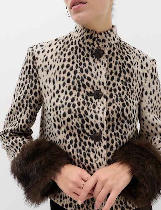 Animal Print Faux Fur Trim Funnel Neck Coat