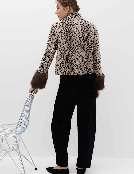 Animal Print Faux Fur Trim Funnel Neck Coat
