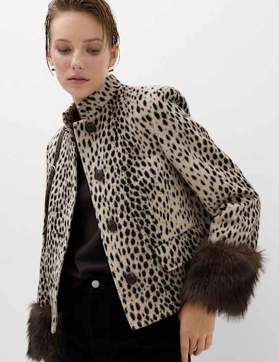 Animal Print Faux Fur Trim Funnel Neck Coat