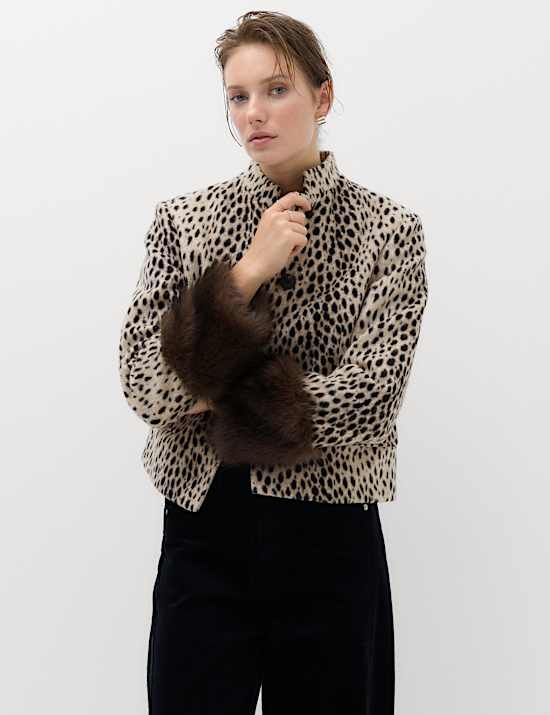 Animal Print Faux Fur Trim Funnel Neck Coat