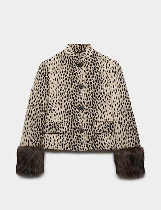 Animal Print Faux Fur Trim Funnel Neck Coat