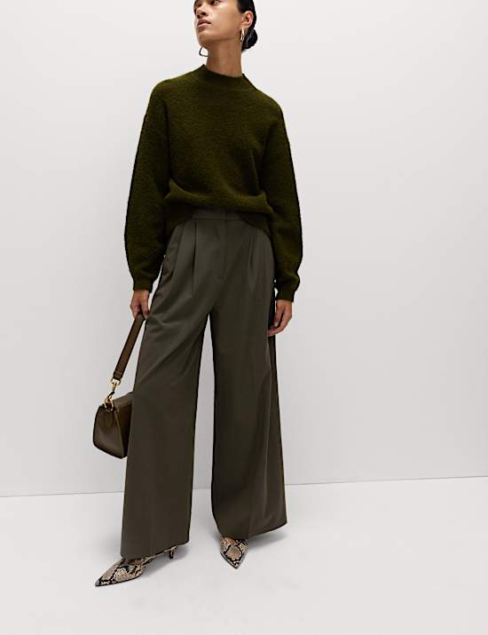 Pleat Front Wide Leg Trousers with Wool