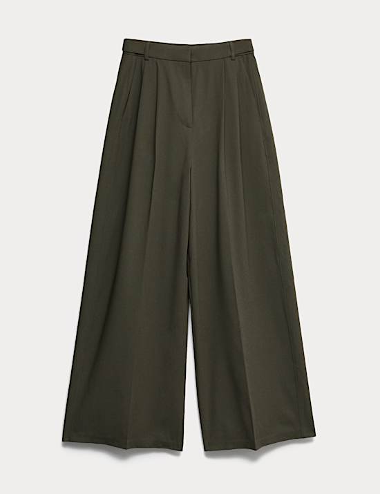 Pleat Front Wide Leg Trousers with Wool