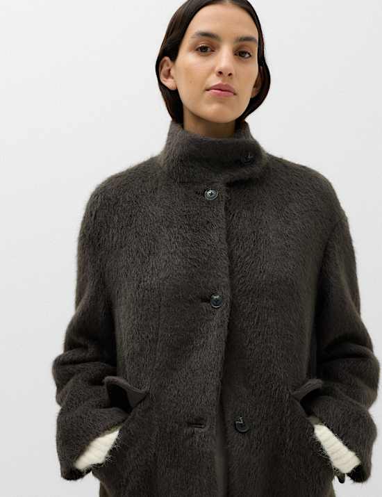 Brushed Funnel Neck Midi Coat