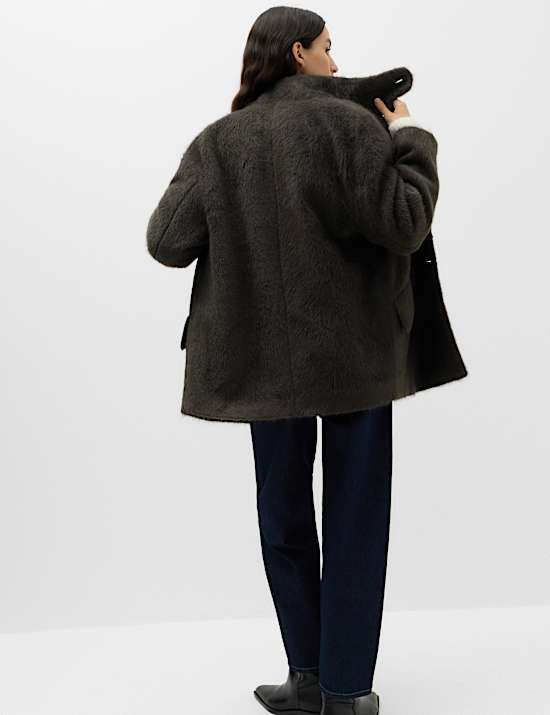 Brushed Funnel Neck Midi Coat