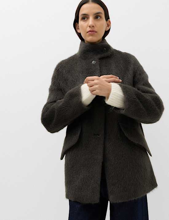 Brushed Funnel Neck Midi Coat