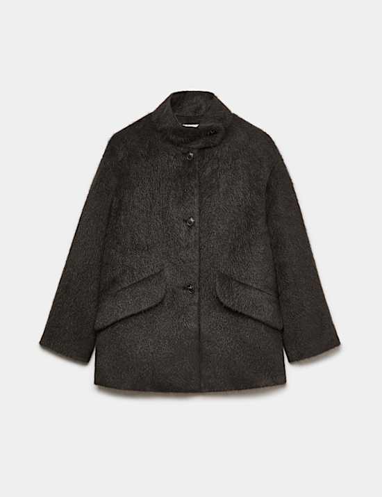 Brushed Funnel Neck Midi Coat