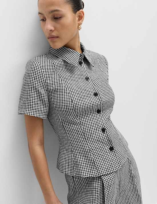 Pure Linen Tailored Checked Collared Jacket
