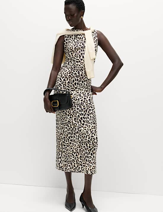 Animal Print Cowl Neck Midi Bodycon Dress