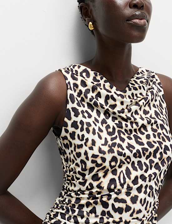 Animal Print Cowl Neck Midi Bodycon Dress