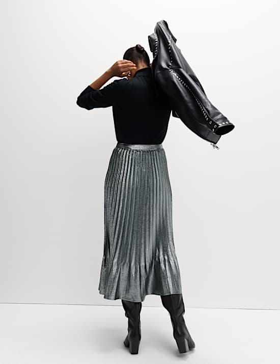Metallic Pleated Midi Skirt