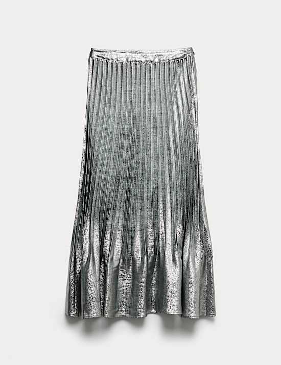 Metallic Pleated Midi Skirt