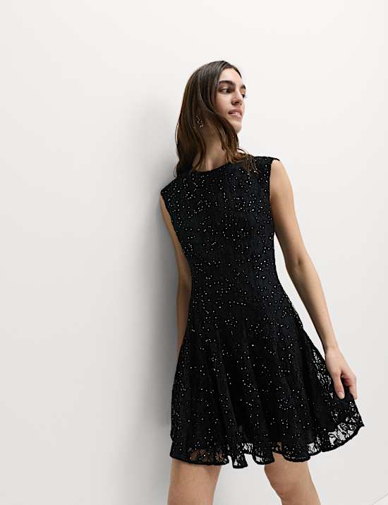 Lace Sequin Mini Skater Dress