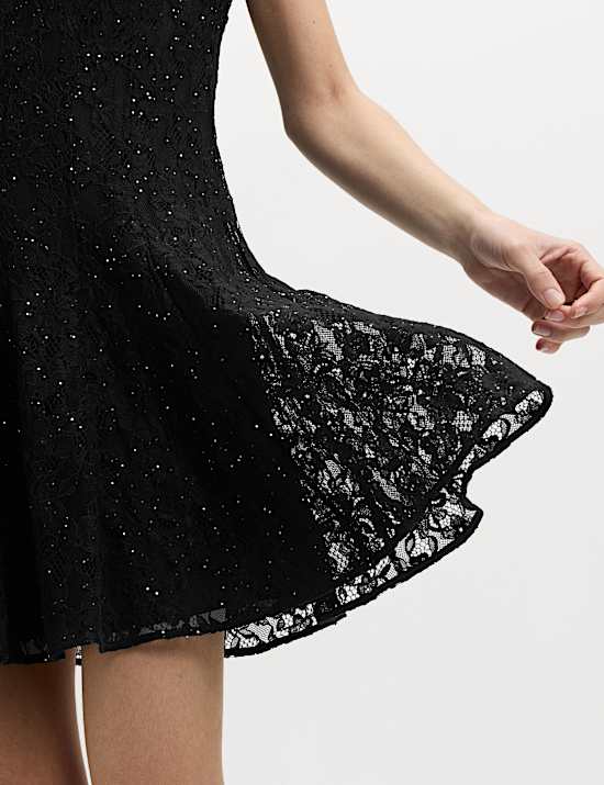 Lace Sequin Mini Skater Dress