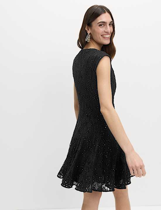 Lace Sequin Mini Skater Dress