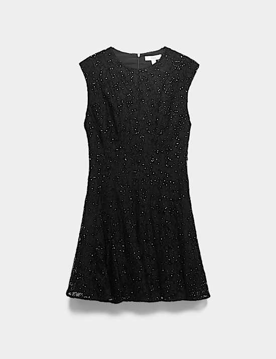 Lace Sequin Mini Skater Dress