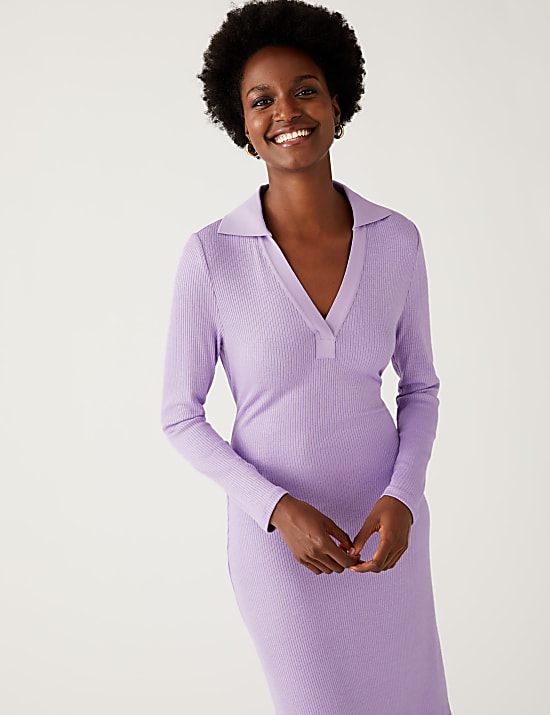 Ribbed V-Neck Tie Front Midi Column Dress