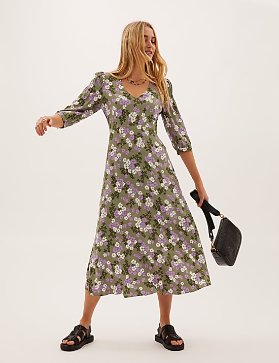 Floral V-Neck Puff Sleeve Midi Tea Dress