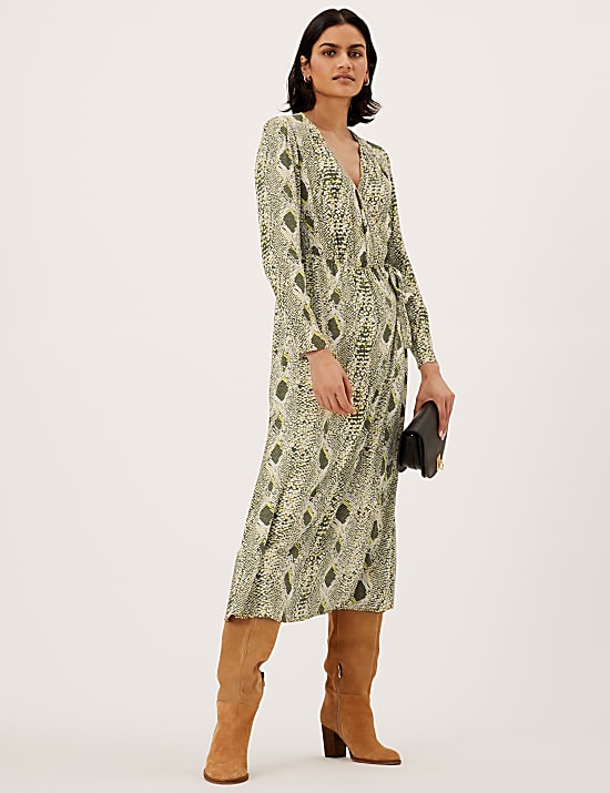 Snake Print V-Neck Midi Wrap Dress